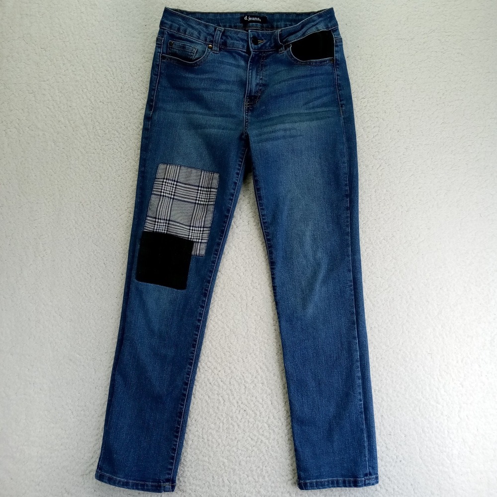 d.jeans Womens Size 4 Medium‎ Wash Patchwork Straight Leg Plaid Denim Jeans